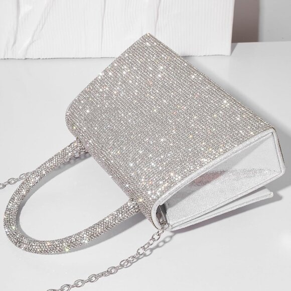 Evening Clutch Purse for Women Sparkly Bow Glitter Wedding Party Silver Bag - Picture 8 of 9